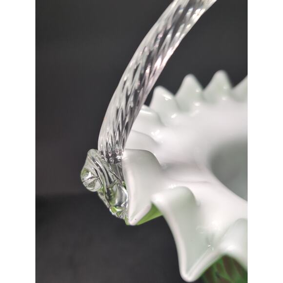 Bohemian Art Glass Footed Green Basket, Ruffled Edge, Hand Blown, Twisted Handle - Picture 10 of 10